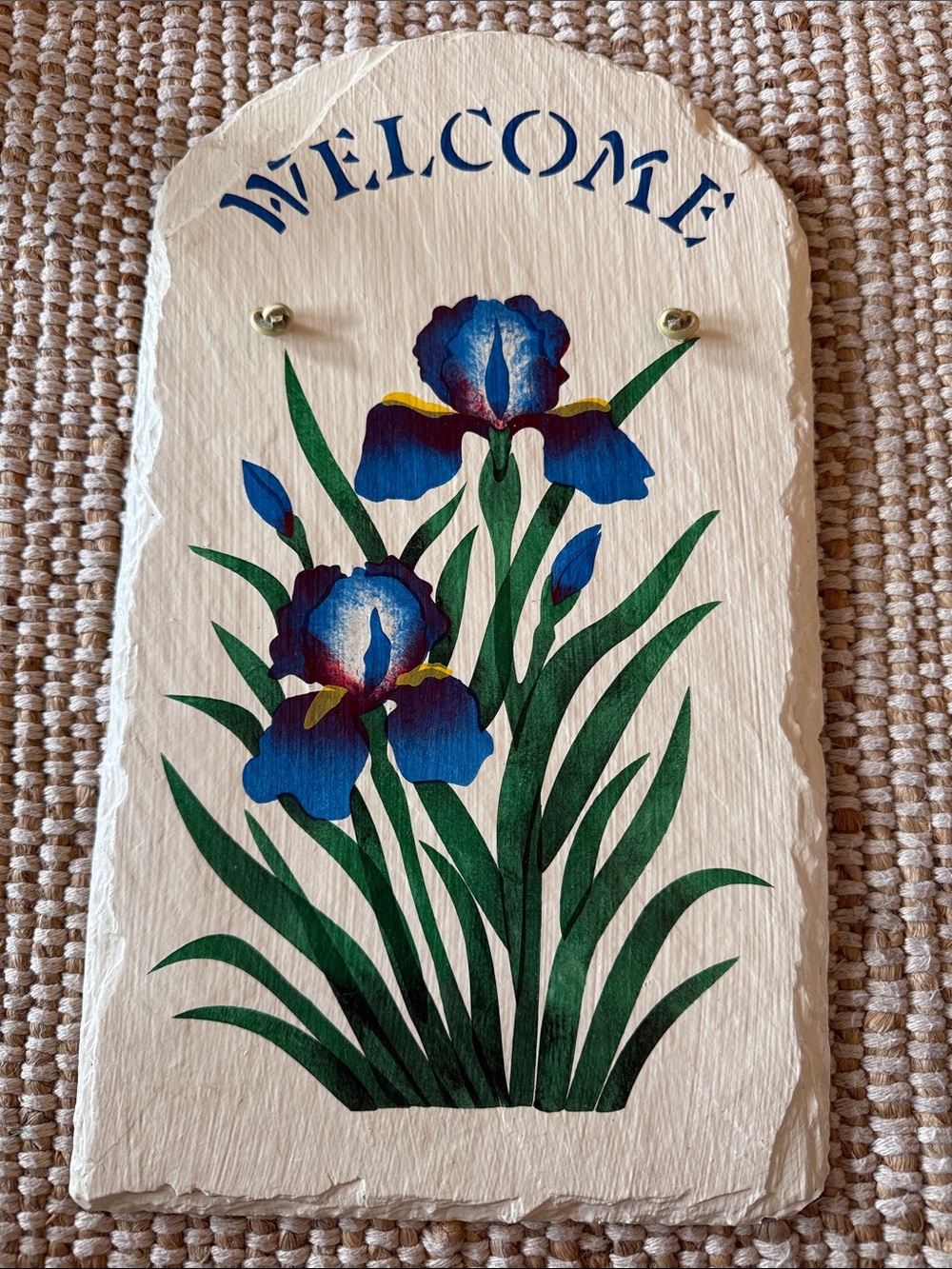 Hand Painted Slate Welcome Home Door Sign Blue Flag Iris Vintage 90s with hanger